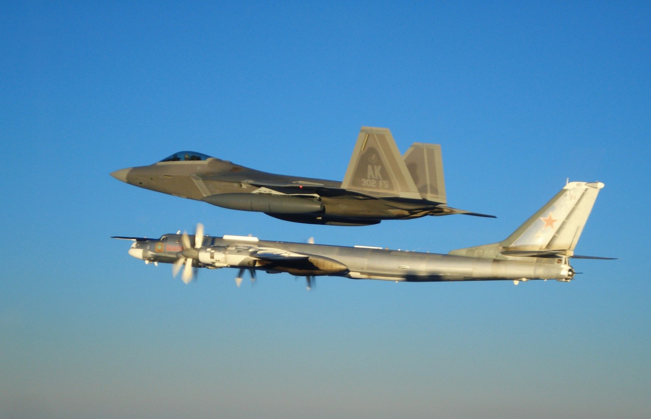 Two F-22 Raptors from 11th Air Force, 3rd Wing, based at Elmendorf Air Force Base, Alaska intercepted a pair of Russian Tu-95MS strategic bombers on November 22, 2007.  Both "Bears" belong to the 326th Heavy Bomber Air Division and are operated from Ukrainka air base.  The intercept was a first for the Raptor. (US Air Force photo)