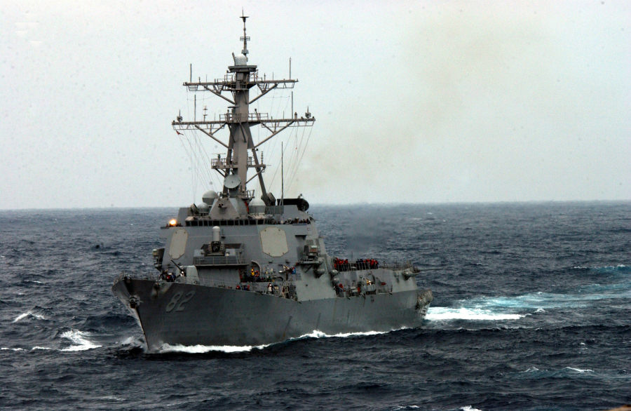 030328-N-7265L-025
East China Sea (Mar. 28, 2003) - The guided missile destroyer USS Lassen (DDG 82) sails through the rough seas.  Lassen is part of the USS Carl Vinson Battle Group that just recently completed participating in the joint exercise FOAL EAGLE and is continuing a scheduled deployment in the western Pacific Ocean.

U.S. Navy Photo by Photographer's Mate 2nd Class Inez Lawson.  (RELEASED)